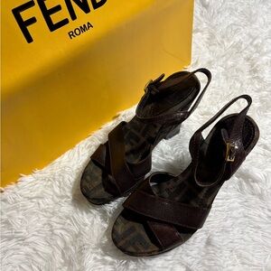 Fendi Women’s Wedge Sandals Brown Strap/ iconic FF Zucca Motif 🐻⭐️